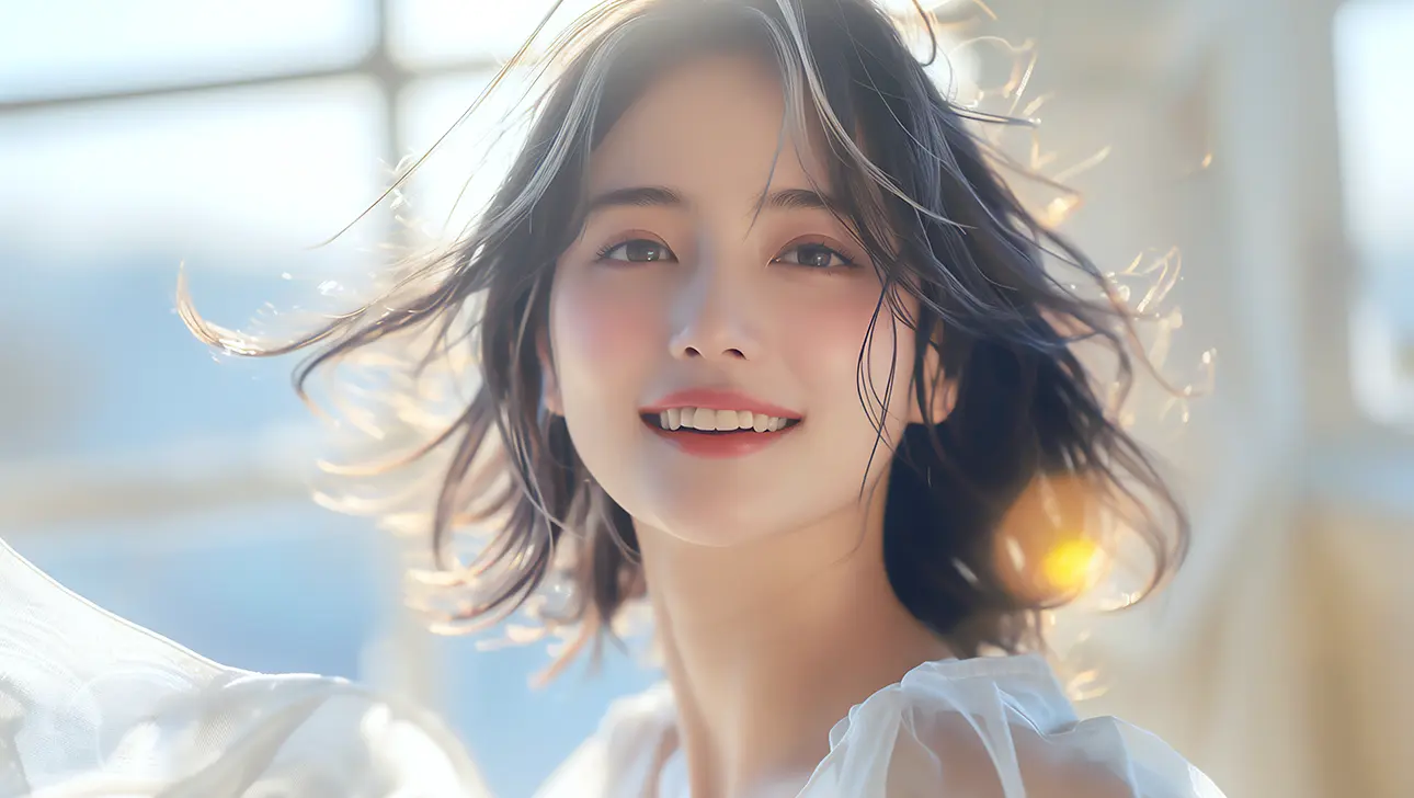 明るい日差しの中でさわやかに微笑むショートヘアの女性