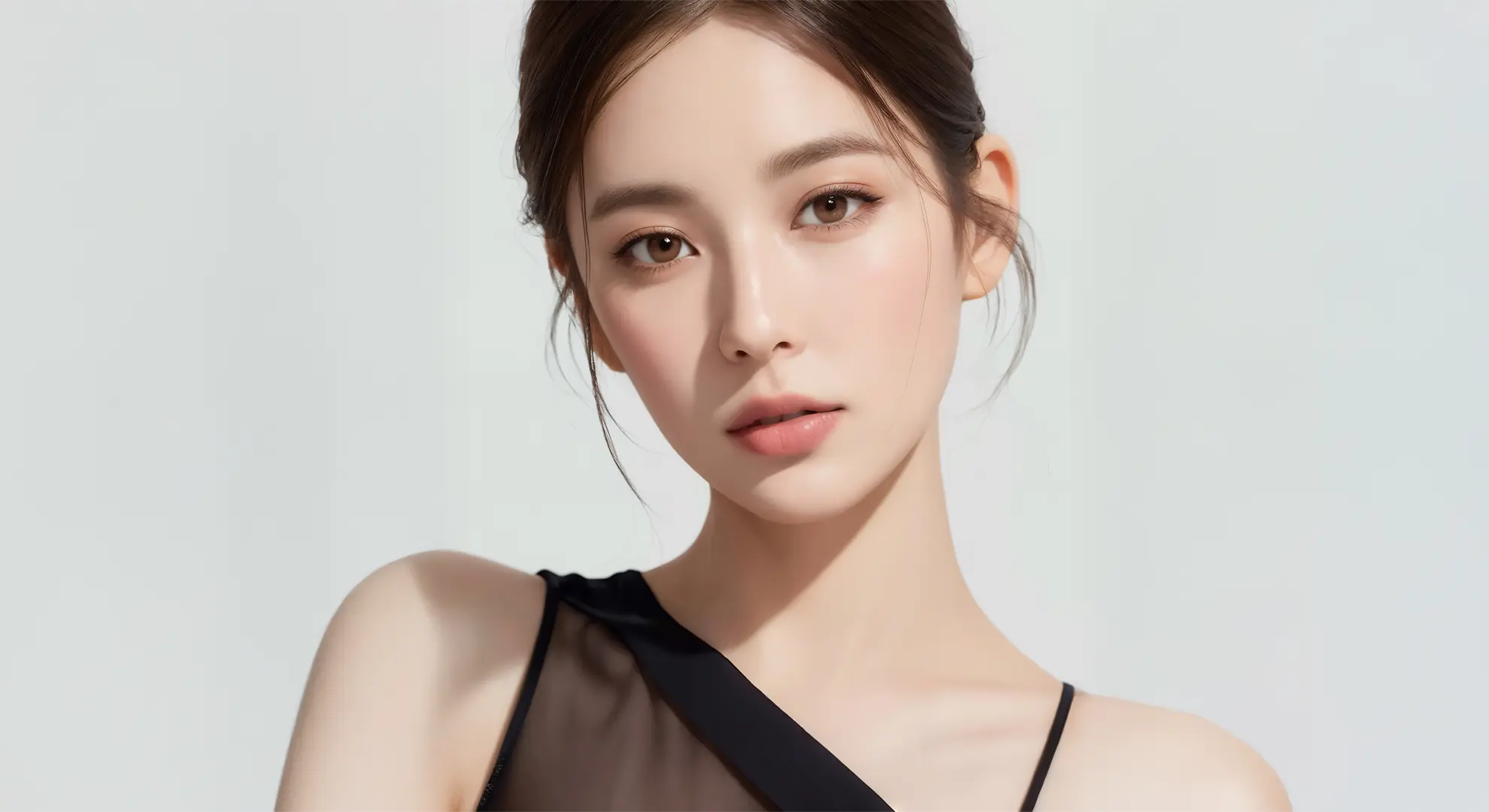 黒いトップスを着て髪をアップにした落ち着いた表情の女性
