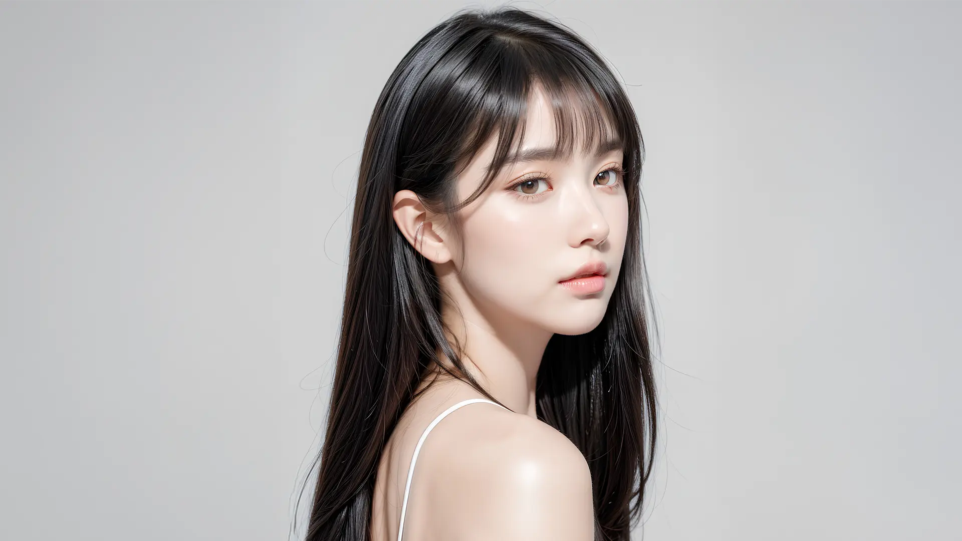 優しい表情でこちらを振り返る黒髪ロングヘアーの女性